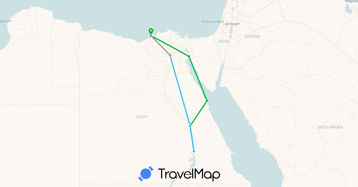 TravelMap itinerary: bus, plane, train, boat in Egypt, France (Africa, Europe)